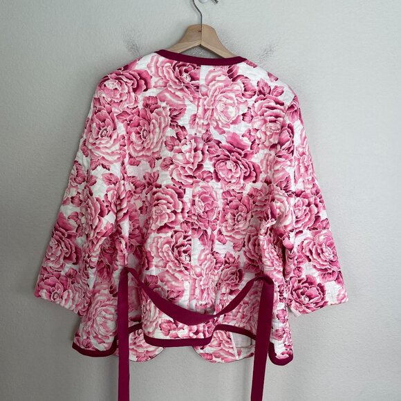 Isaac Mizrahi Live! Womens Plus 2X Floral Quilted Kimono Jacket Pink White - Picture 13 of 13